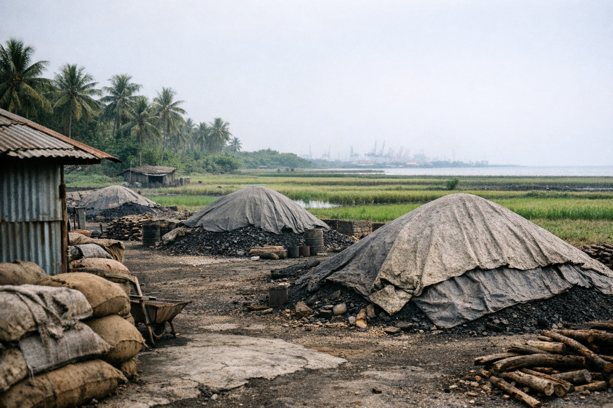 Glowing coconut shell charcoal briquettes cooling on a drying rack inside an Indonesian charcoal factory