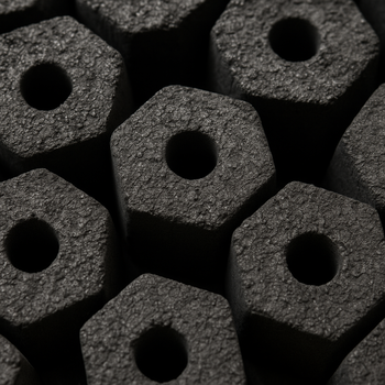 Premium hexagonal coconut shell charcoal briquettes arranged closely together, showcasing consistent size and quality